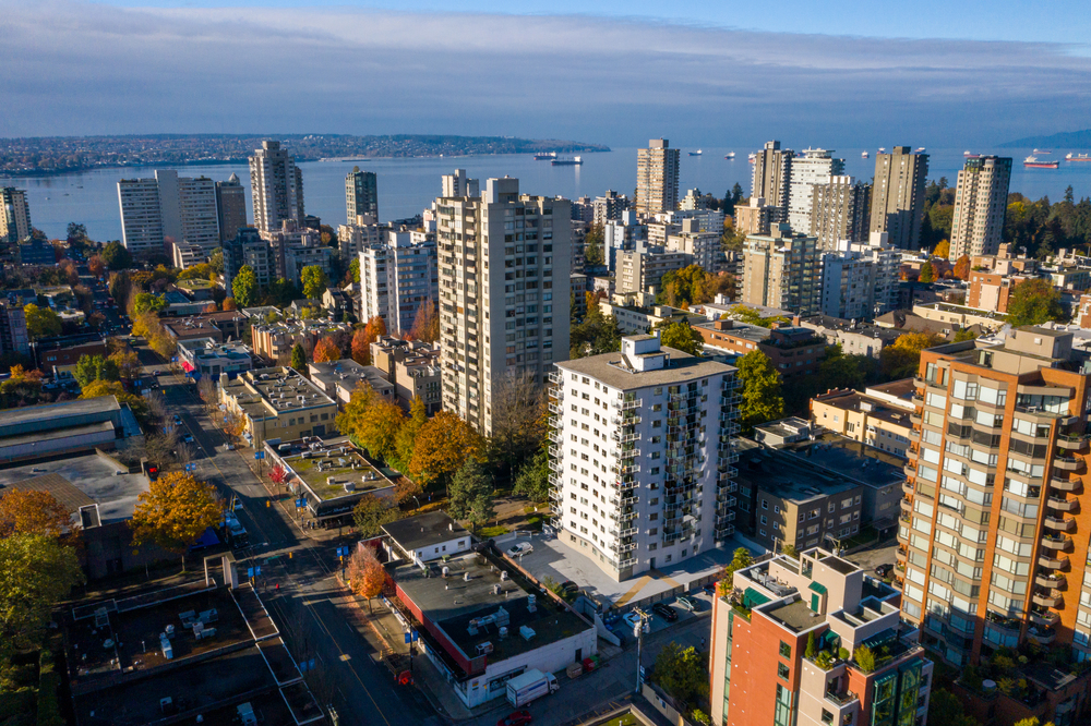 Building seen from above, daytime drone aerial architectural wide angle view